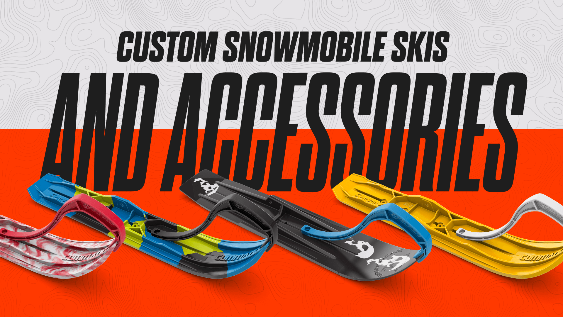Image placeholder for Slydog Skis Animated Ad YouTube embed | Reads: Custom Snowmobile Skis and Accessories; Depicts: Custom designed skis in various colors and combos
