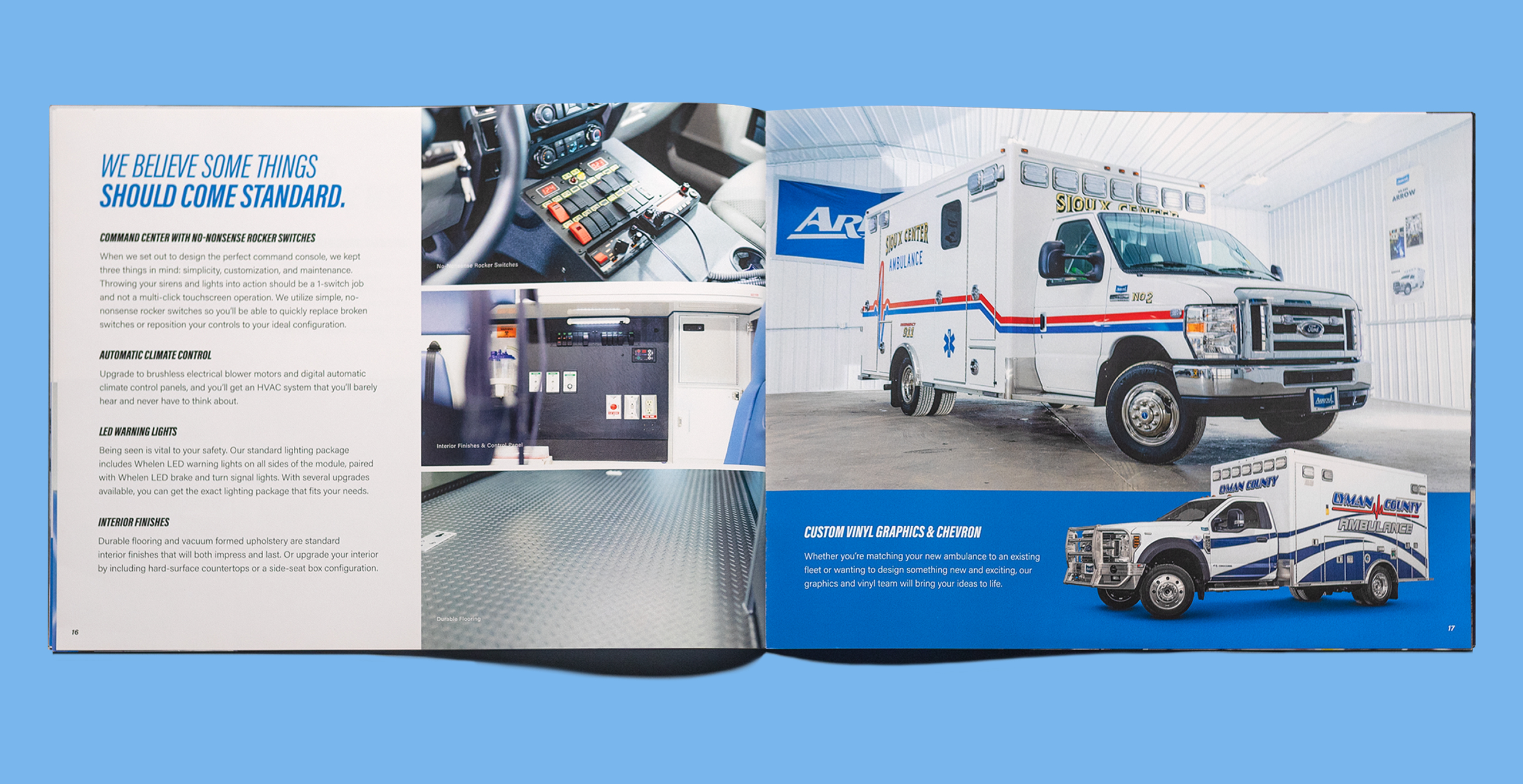 Image of Product & Service Catalog pg 16-17 on blue background