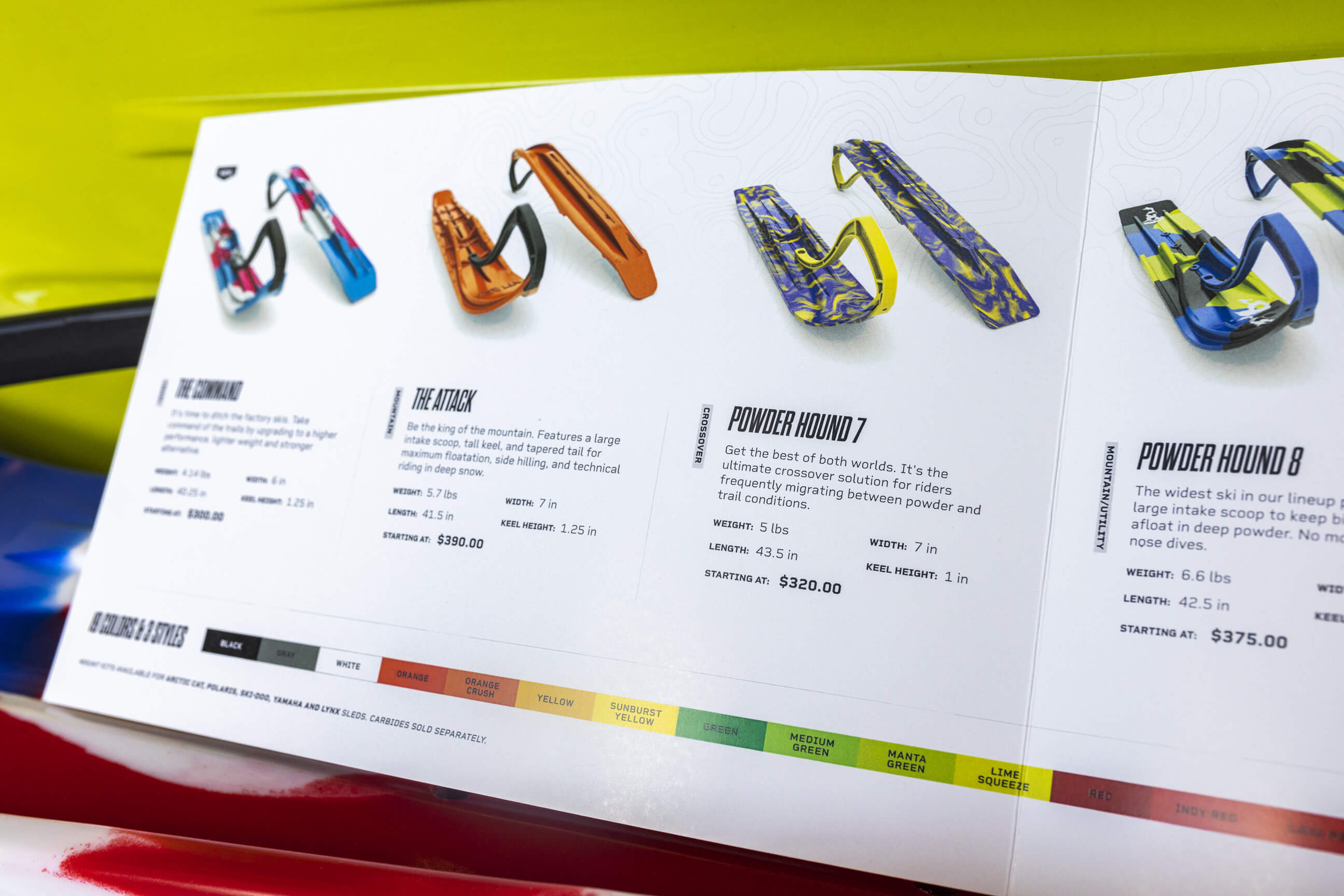 Slydog Skis '21-'22 product guide left inside with skis and details